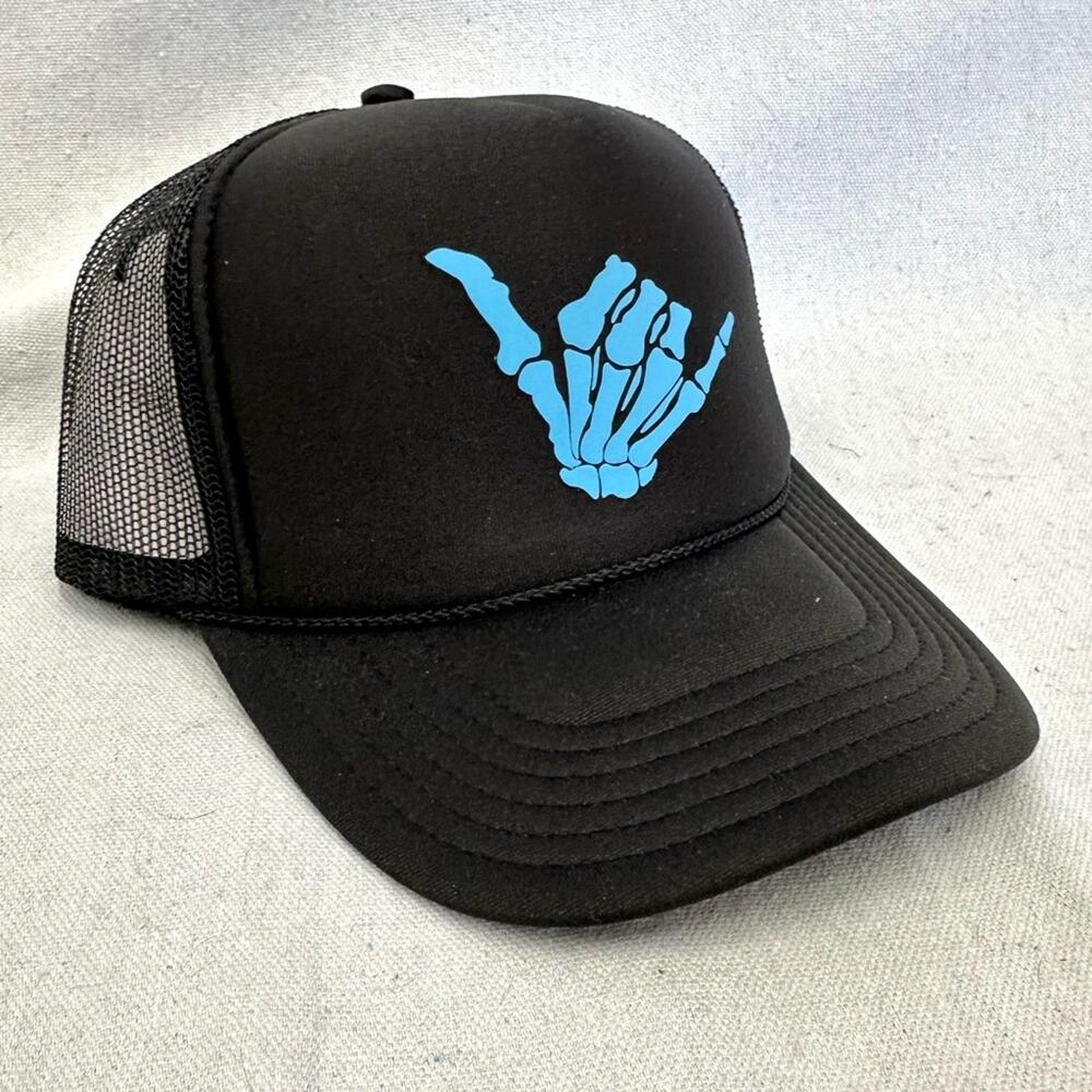 Otto black/blue skeleton hang loose Shaka graphic mesh trucker Snapback hat NWOT